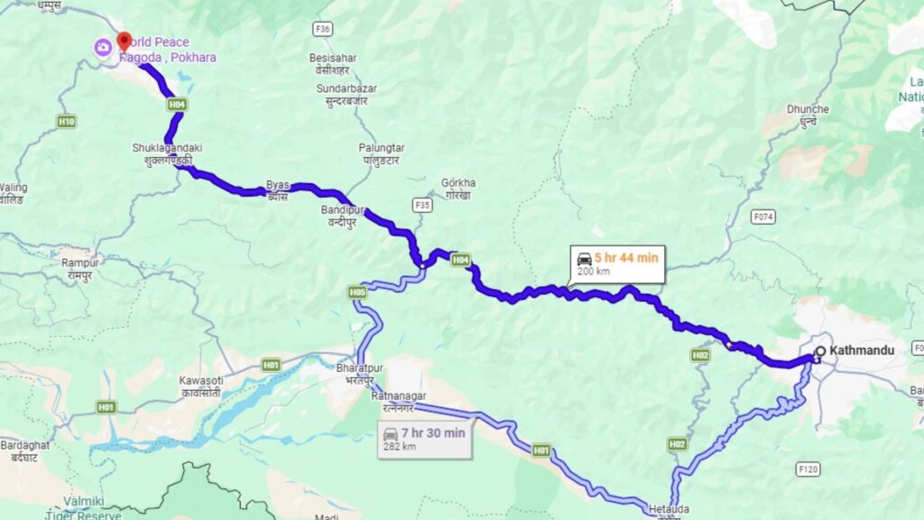 Kathmandu to Pokhara map
