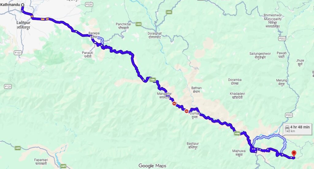 Kathmandu to Ramechhap Map