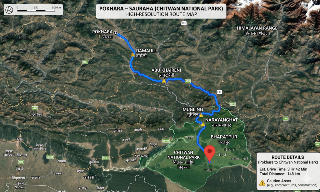 Pokhara to Sauraha Private vehicle service 5 Pokhara to Sauraha road Map